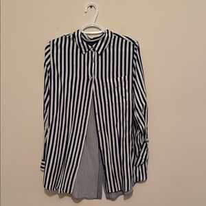 Jane and Delancey Navy and White Vertical Stripe Button-Down Top